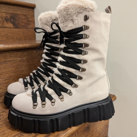 Browns B2 Tofino suede & faux fur platform moto combat boot cream Sz 9.5/10 EU40 - Picture 8 of 16